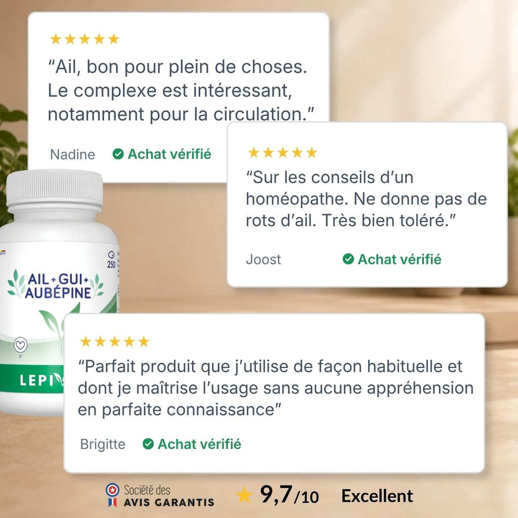 Flacon Ail-gui-aubépine Lepivits entouré d'avis clients vérifiés 5 étoiles, note globale 9,7/10