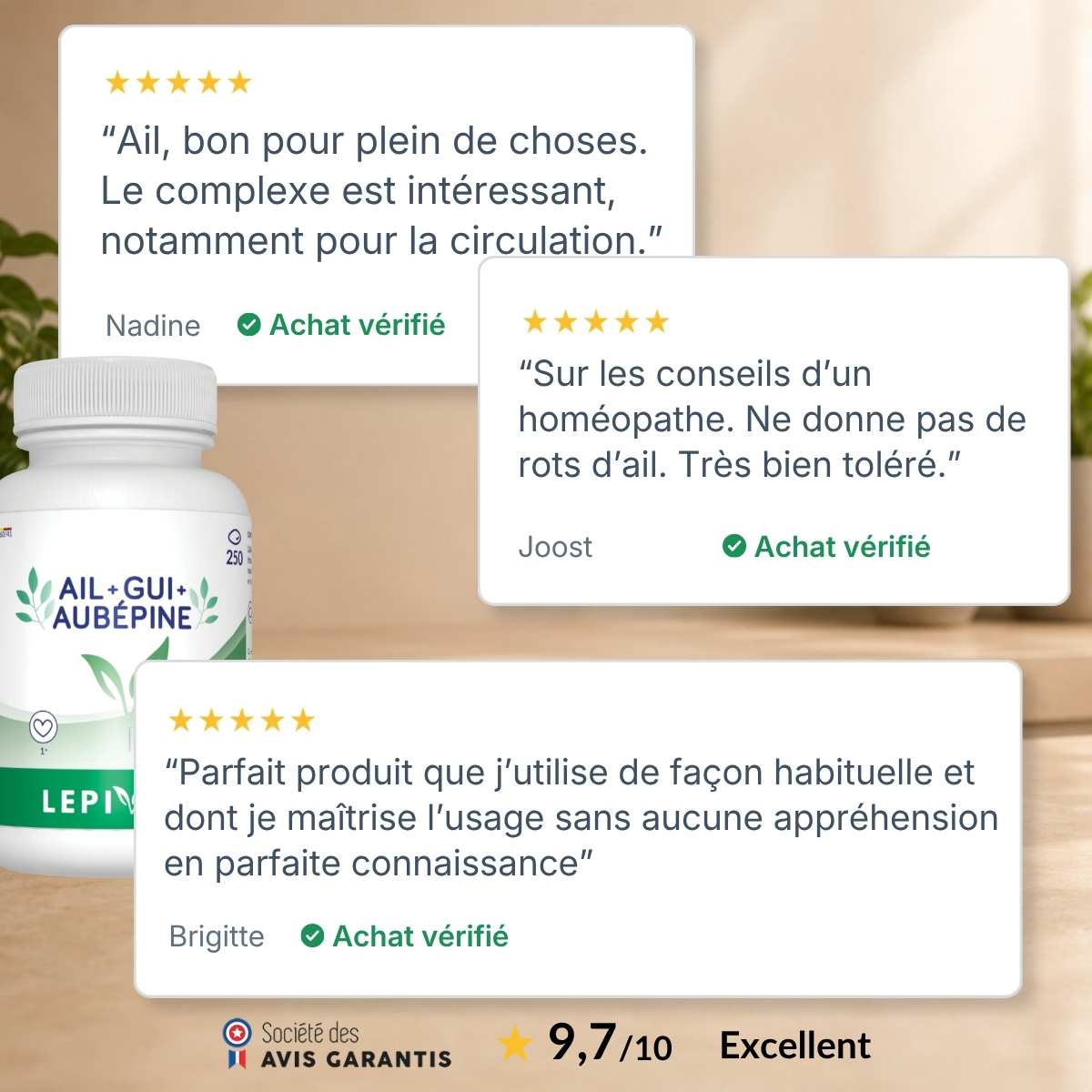 Flacon Ail-gui-aubépine Lepivits entouré d'avis clients vérifiés 5 étoiles, note globale 9,7/10