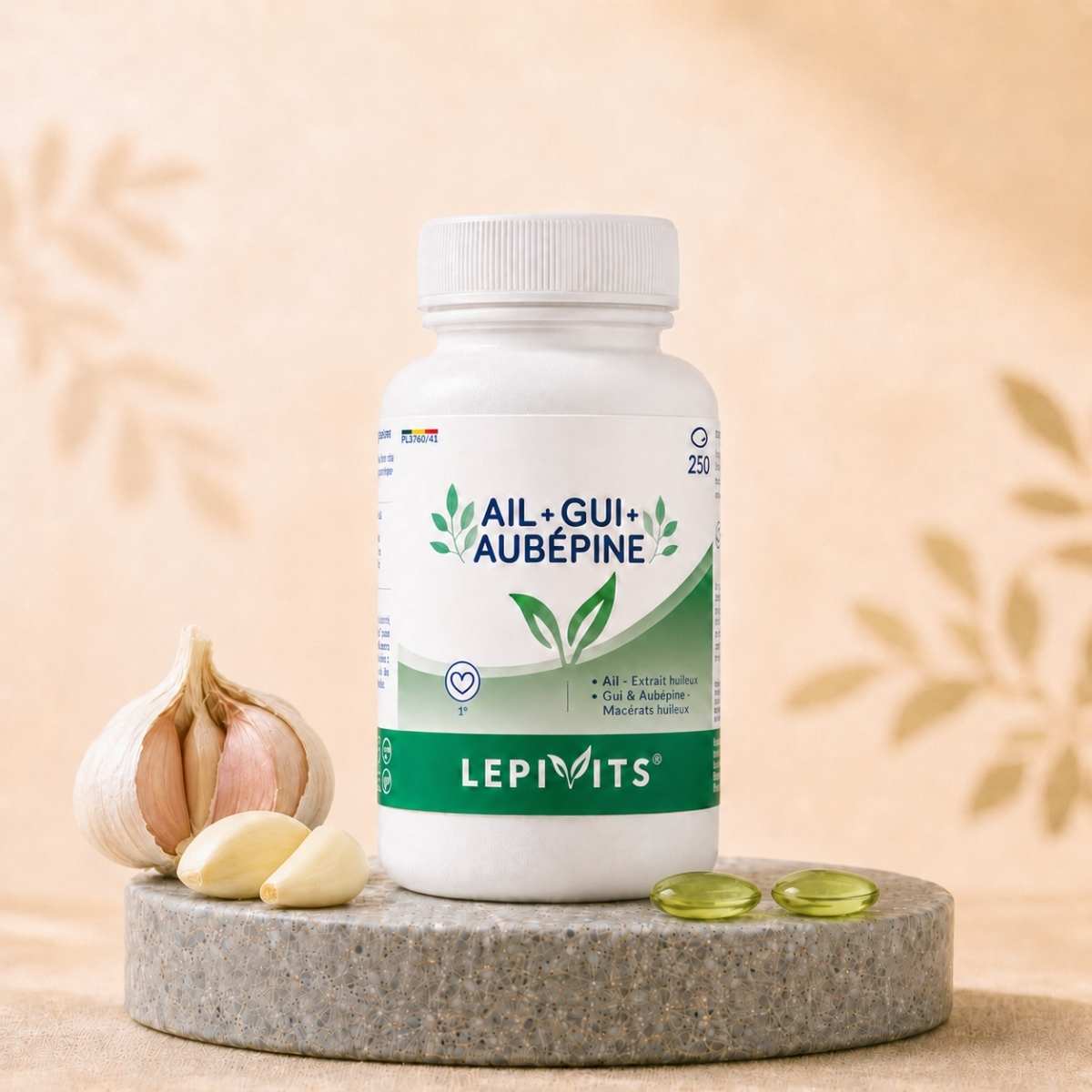 Flacon de Ail-gui-aubépine Lepivits, complément pour une circulation naturellement soutenue et une fonction cardiaque accompagnée avec capsules huileuses