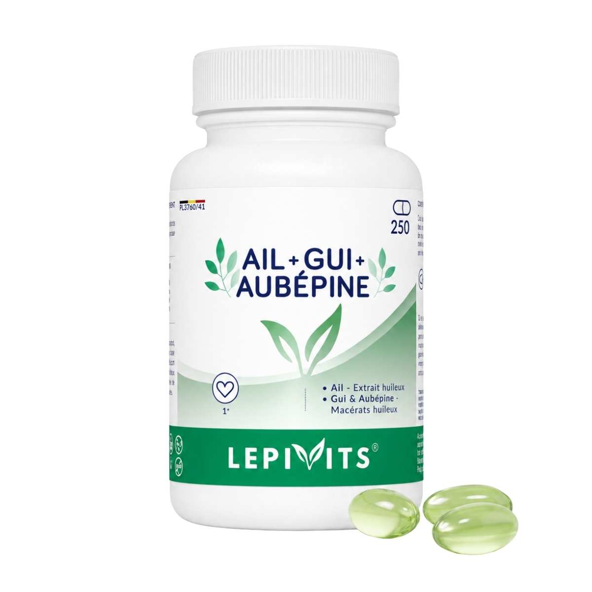 Vue de face du flacon Ail-gui-aubépine Lepivits 250 capsules huileuse sur fond blanc.