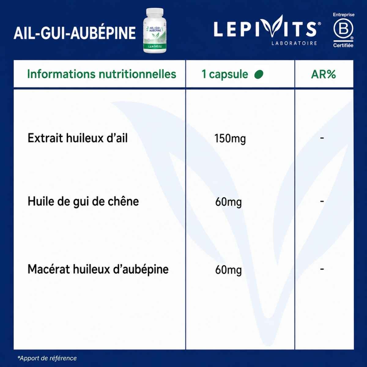 Tableau des informations nutritionnelles Ail-gui-aubépine Lepivits : 150mg d'extrait huileux d'ail, huile de gui de chêne 60mg par capsule.