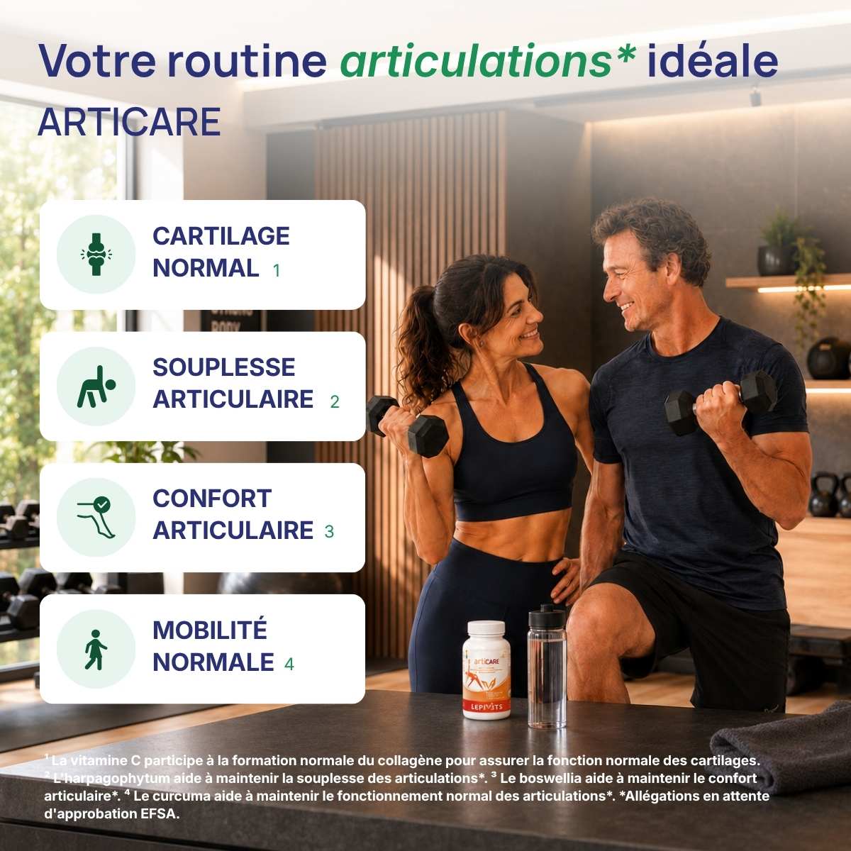 Articare Lepivits : 4 bienfaits articulations (cartiage normal, souplesse articulaire, confort articulaire, mobilité normale).
