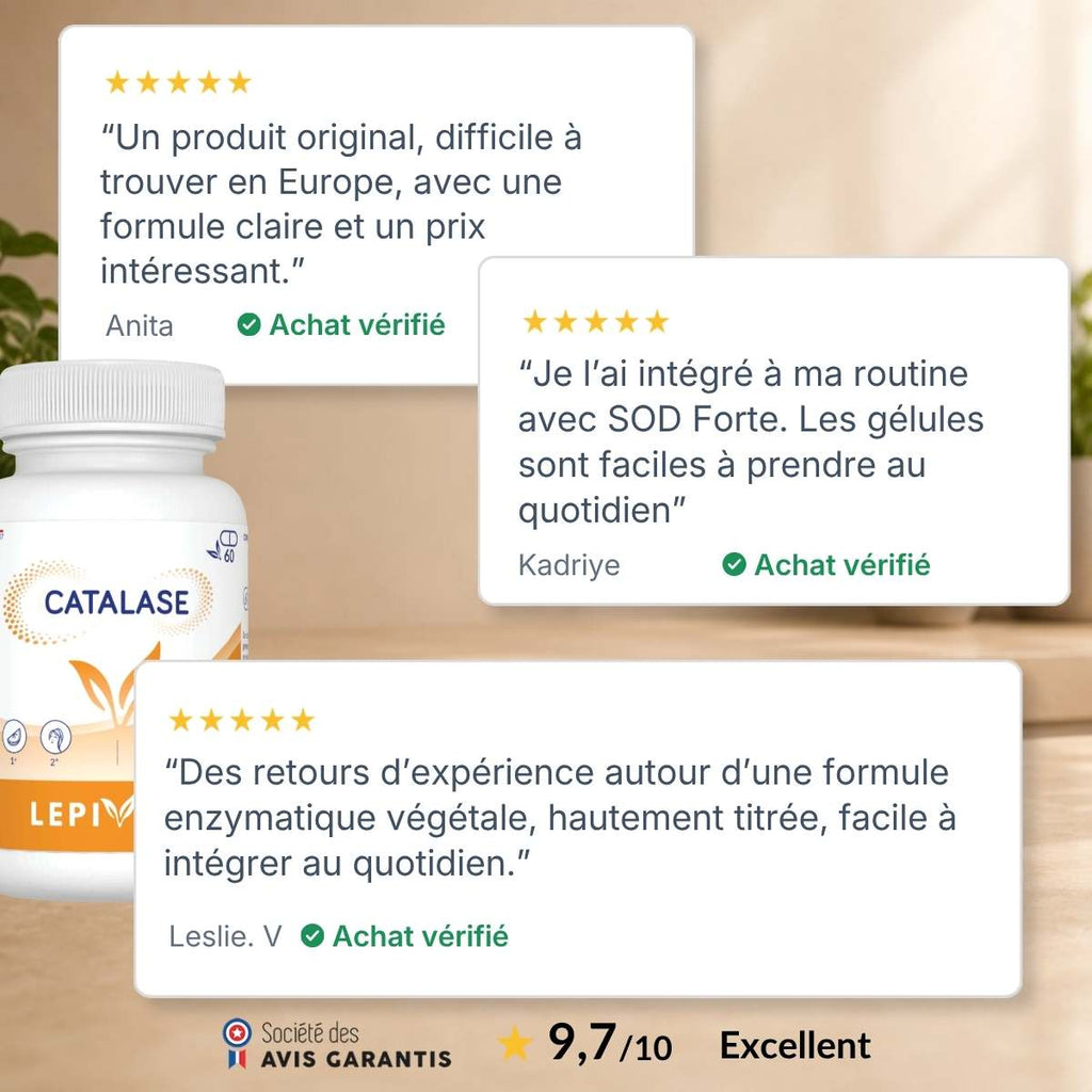 Flacon Catalase Lepivits entouré d'avis clients vérifiés 5 étoiles, note globale 9,7/10.