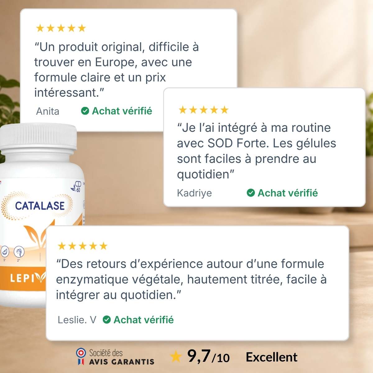 Flacon Catalase Lepivits entouré d'avis clients vérifiés 5 étoiles, note globale 9,7/10.