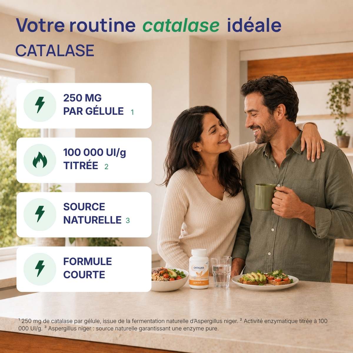 Catalase Lepivits : 250mg par gélule, 100 000 UI/g titrée, source naturelle, formule courte.