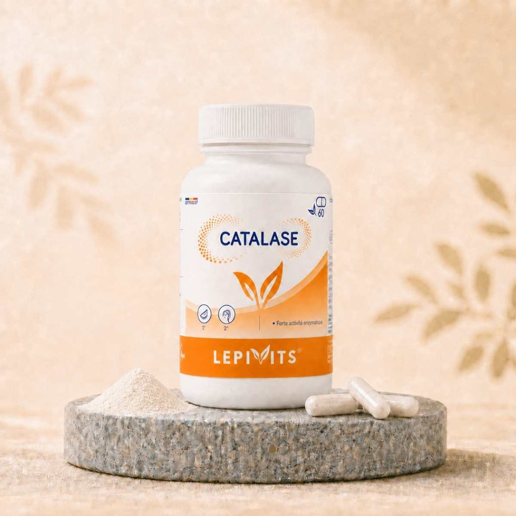 Flacon de Catalase Lepivits, Enzyme végétale hautement titrée, avec gélules végétales pullulan.