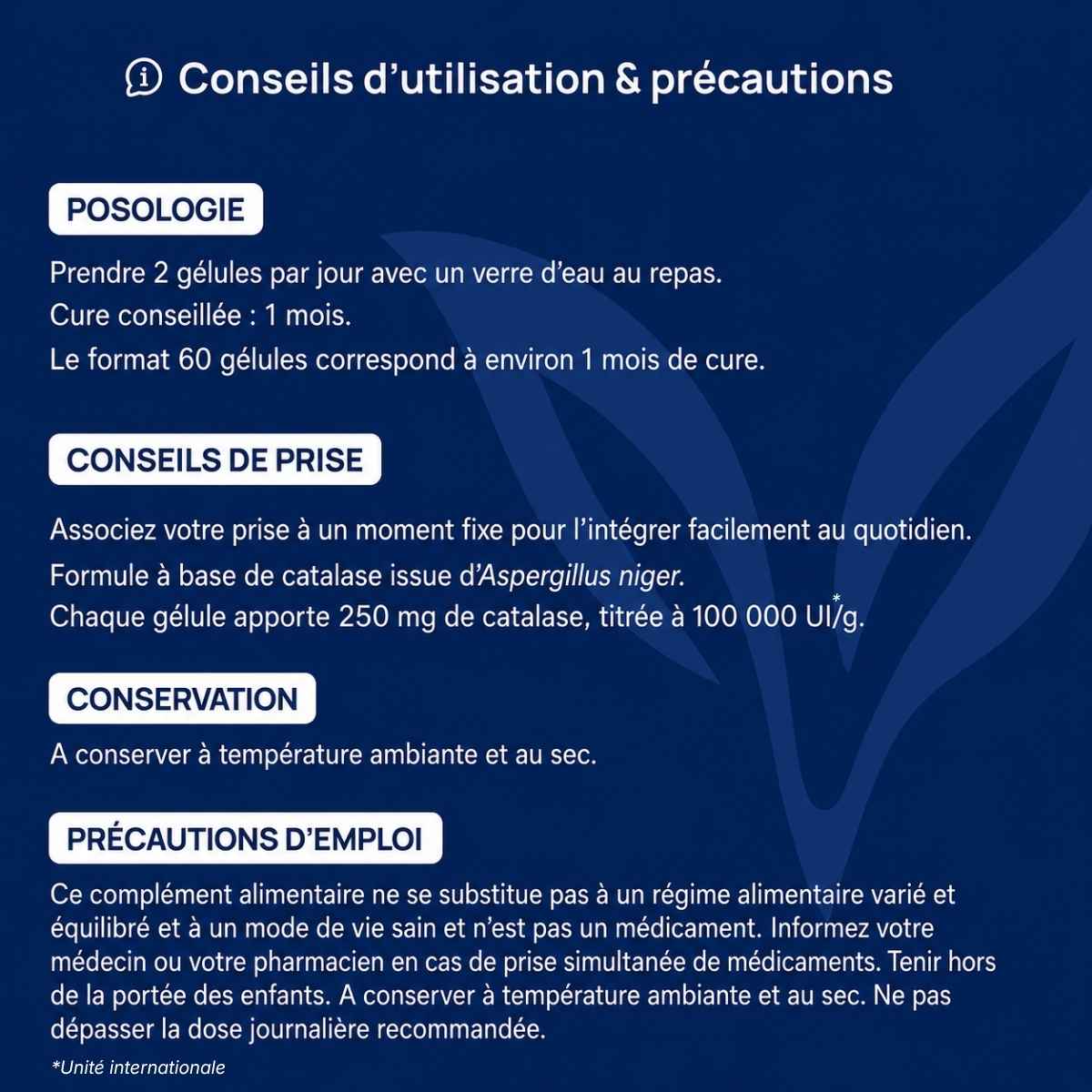 Conseils d'utilisation et précautions Catalase Lepivits : posologie, précaution, conservation et mises en garde.