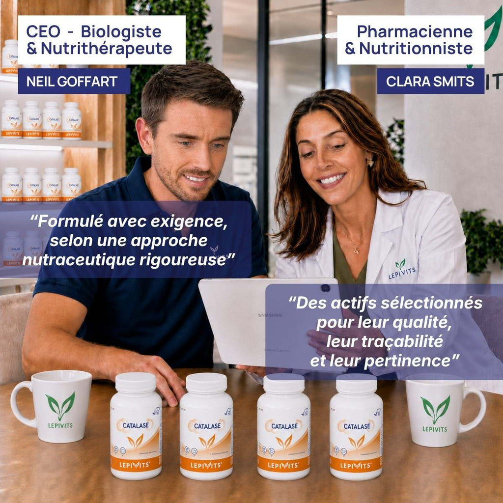 Biologiste et pharmacienne nutritionniste examinent plusieurs flacons de Catalase Lepivits, formule validée en laboratoire.