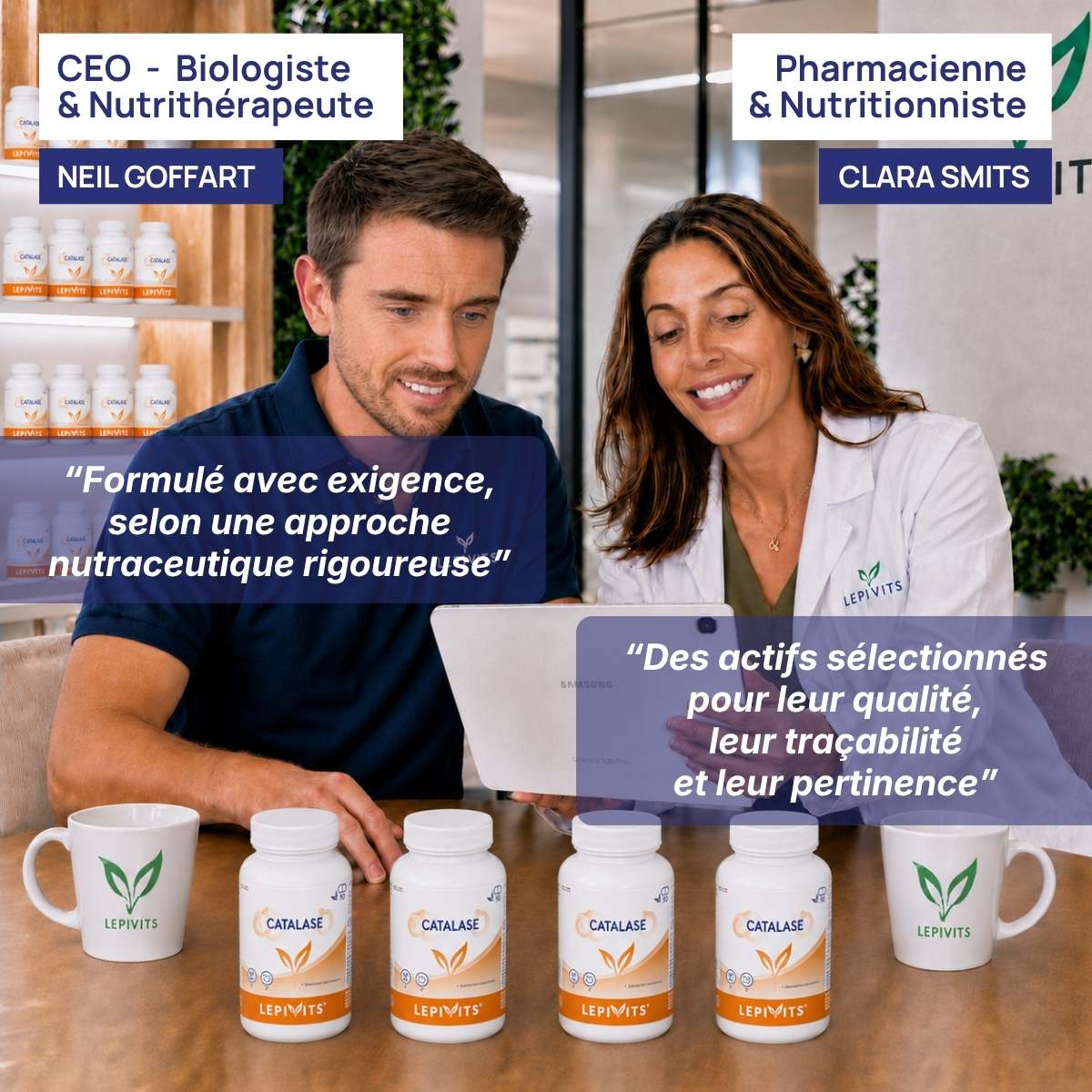 Biologiste et pharmacienne nutritionniste examinent plusieurs flacons de Catalase Lepivits, formule validée en laboratoire.