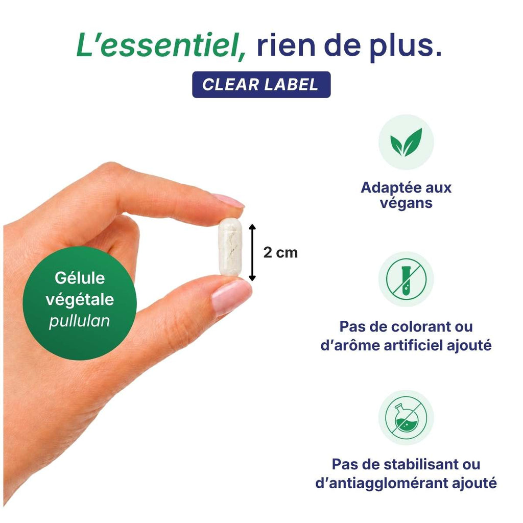 Main tenant une gélule végétale Catalase Lepivits en pullulan de 2 cm, formule clear label sans colorant ni additif, végétariens.