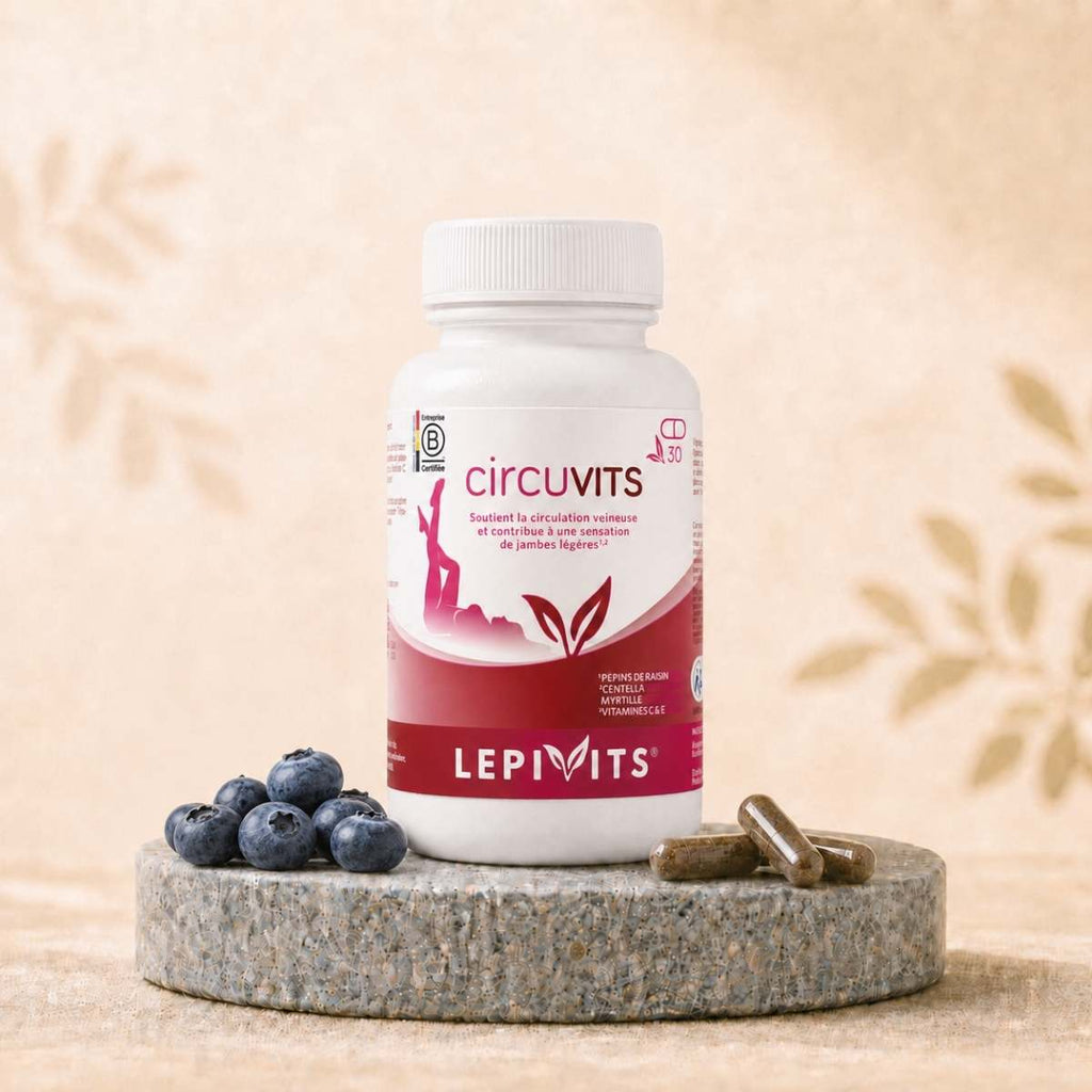 Flacon de Circuvits Lepivits, complément Leucoselect® Phytosome® – OPC, centella & myrtille, avec gélules végétales pullulan.