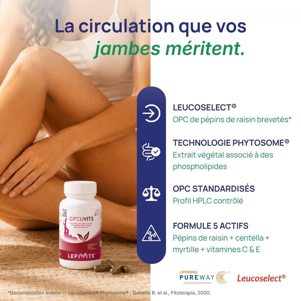 Femme tenant le flacon Circuvits Lepivits contre ses jambes.