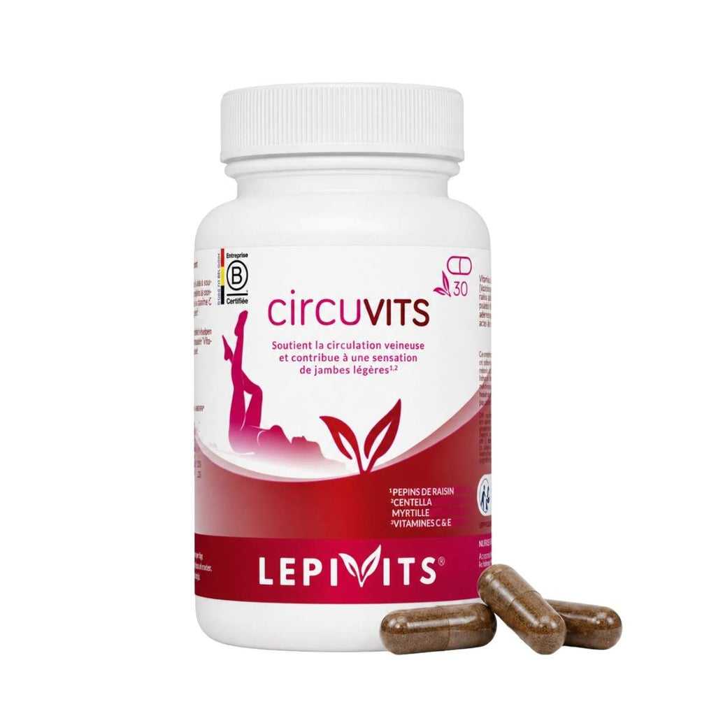 Vue de face du flacon Circuvits Lepivits 30 gélules sur fond blanc, avec trois capsules posées devant.