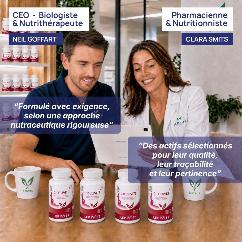Biologiste et pharmacienne nutritionniste examinent plusieurs flacons de Circuvits Lepivits, formule validée en laboratoire.