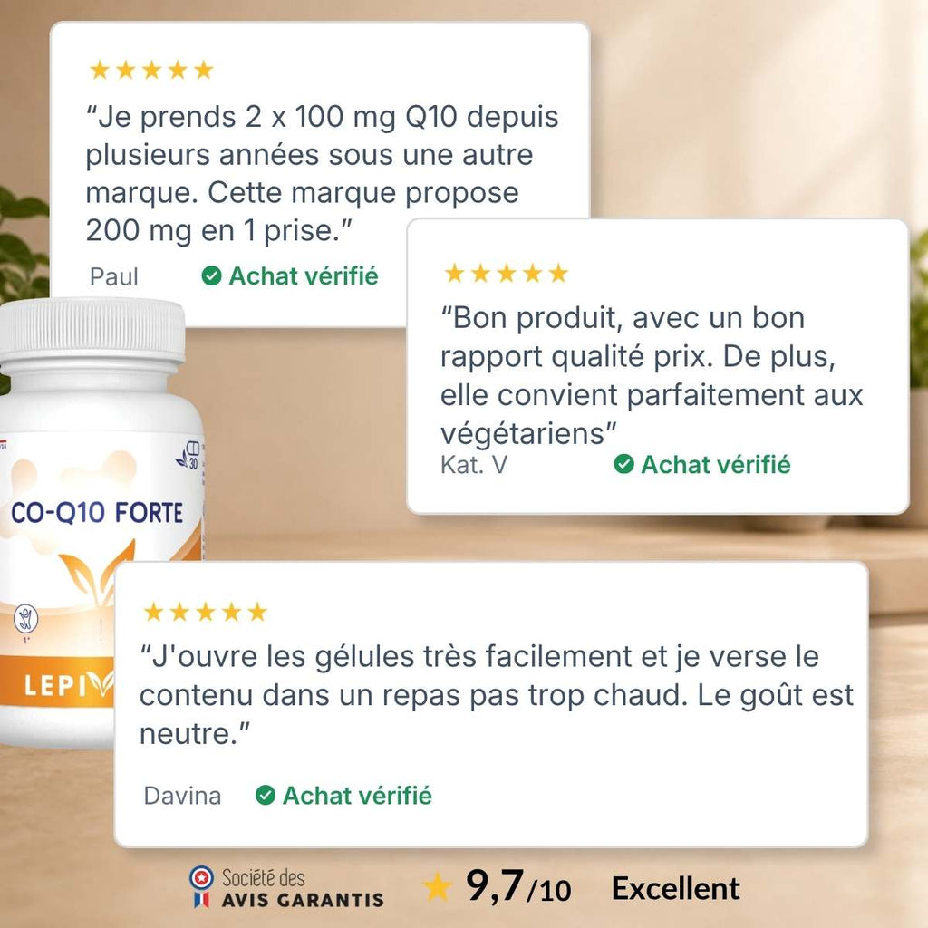 Flacon CO-Q10 Forte Lepivits entouré d'avis clients vérifiés 5 étoiles, note globale 9,7/10 sur la qualité du coenzyme.