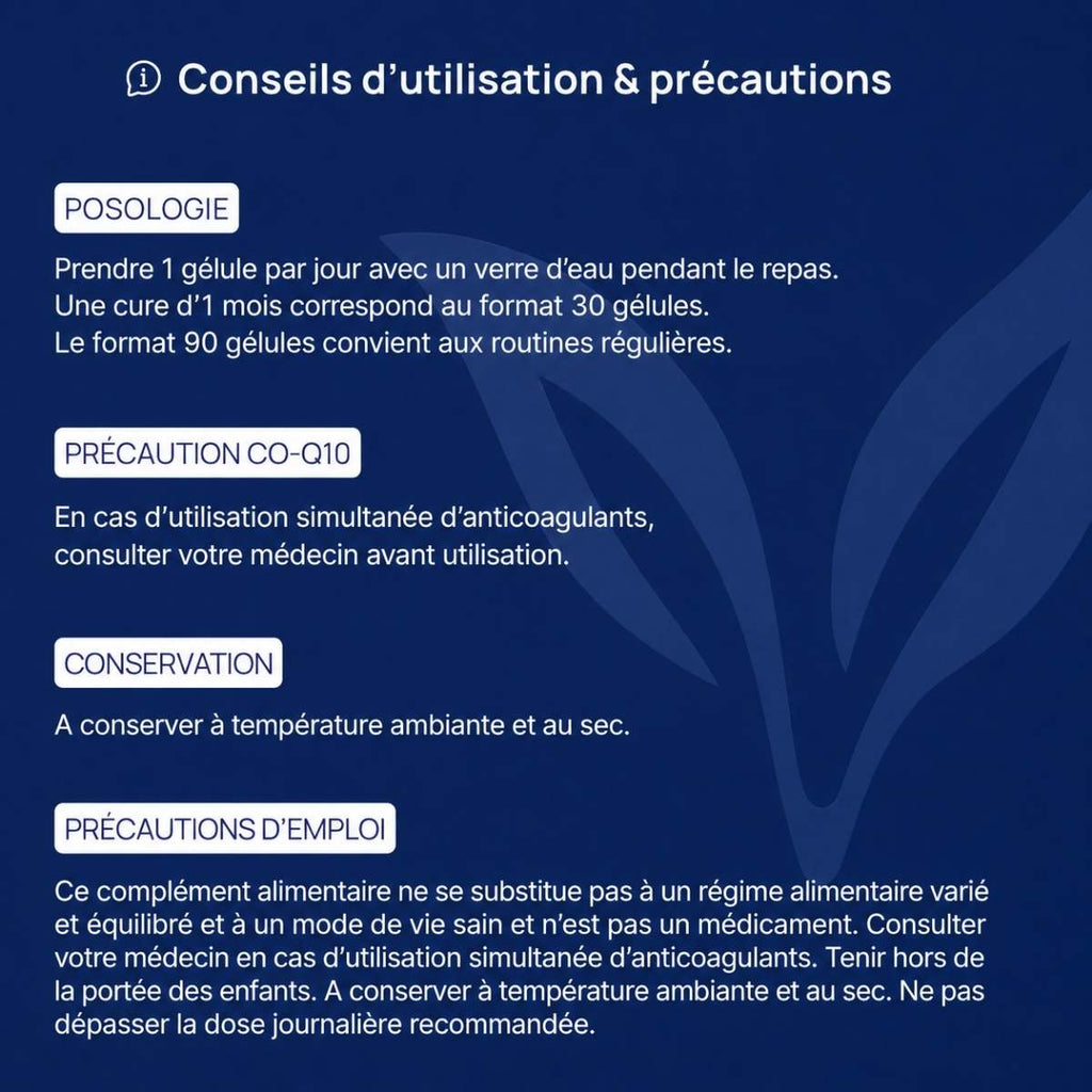Conseils d'utilisation et précautions CO-Q10 Forte Lepivits : posologie, précaution, conservation et mises en garde.