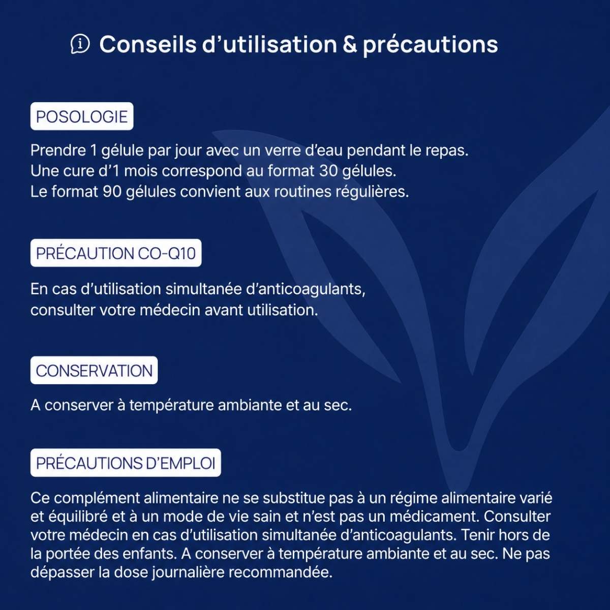 Conseils d'utilisation et précautions CO-Q10 Forte Lepivits : posologie, précaution, conservation et mises en garde.