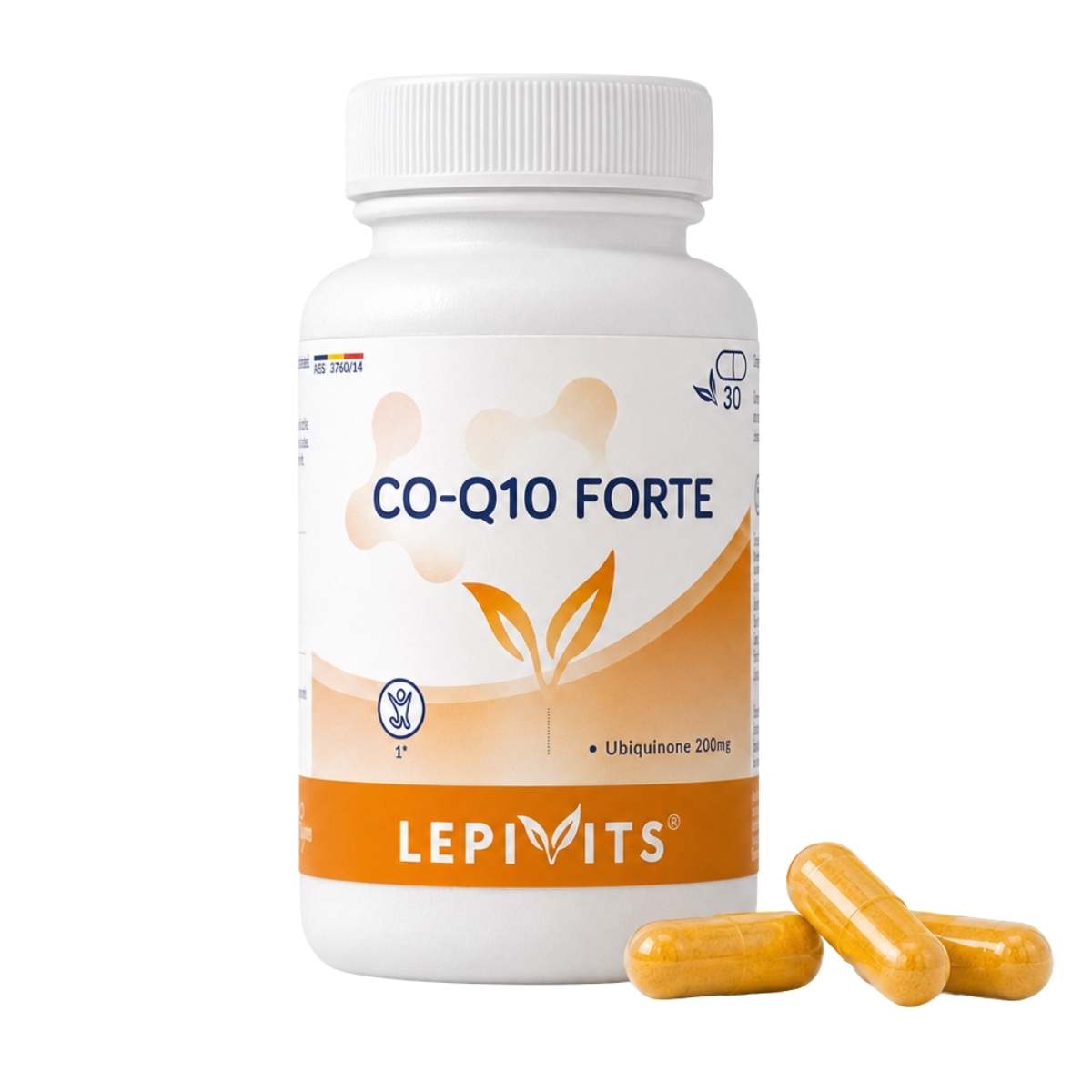 Vue de face du flacon CO-Q10 Forte Lepivits 30 gélules sur fond blanc, avec trois capsules posées devant.
