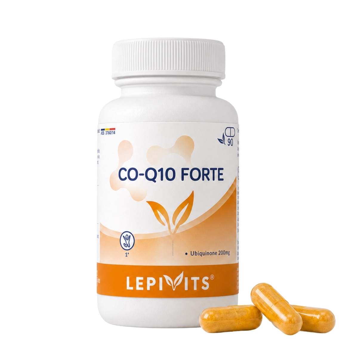Vue de face du flacon CO-Q10 Forte Lepivits 90 gélules sur fond blanc, avec trois capsules posées devant.