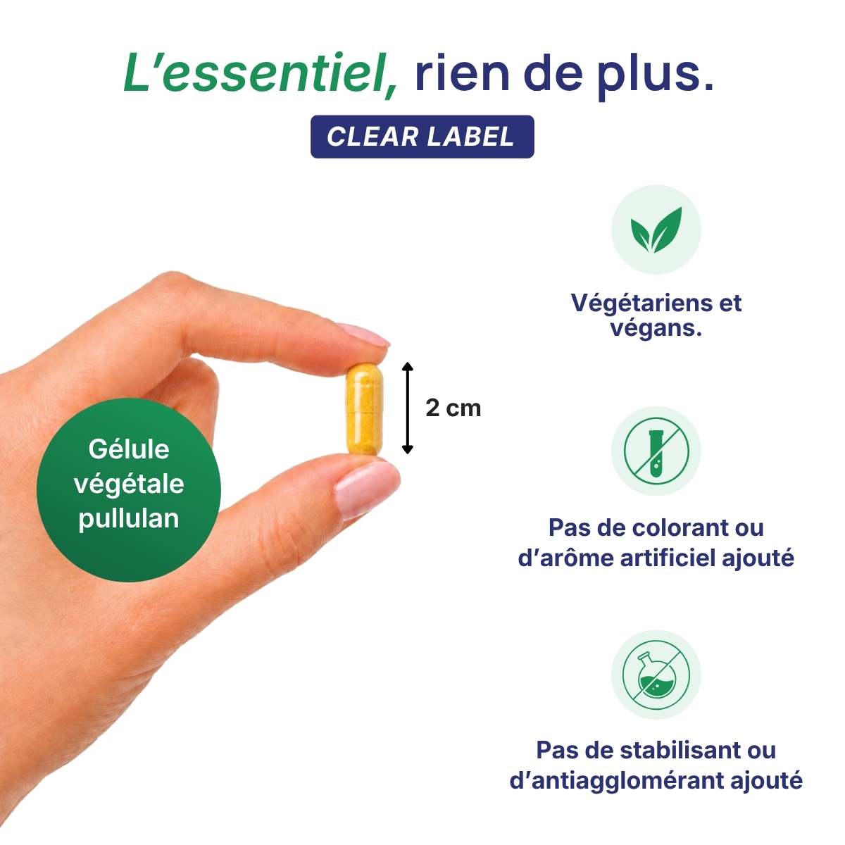 Main tenant une gélule végétale CO-Q10 Forte Lepivits en pullulan de 2 cm, formule clear label sans colorant ni additif, végétariens.