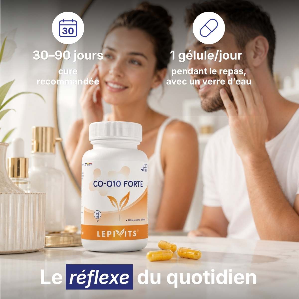 Flacon CO-Q10 Forte Lepivits sur table avec verre d'eau, posologie 1 gélule par jour pour une cure de 30-90 jours. 