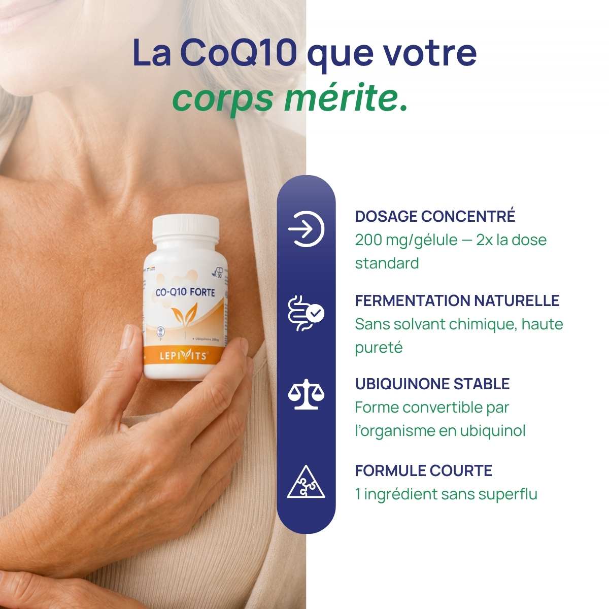 Femme tenant le flacon CO-Q10 Forte Lepivits contre son coeur