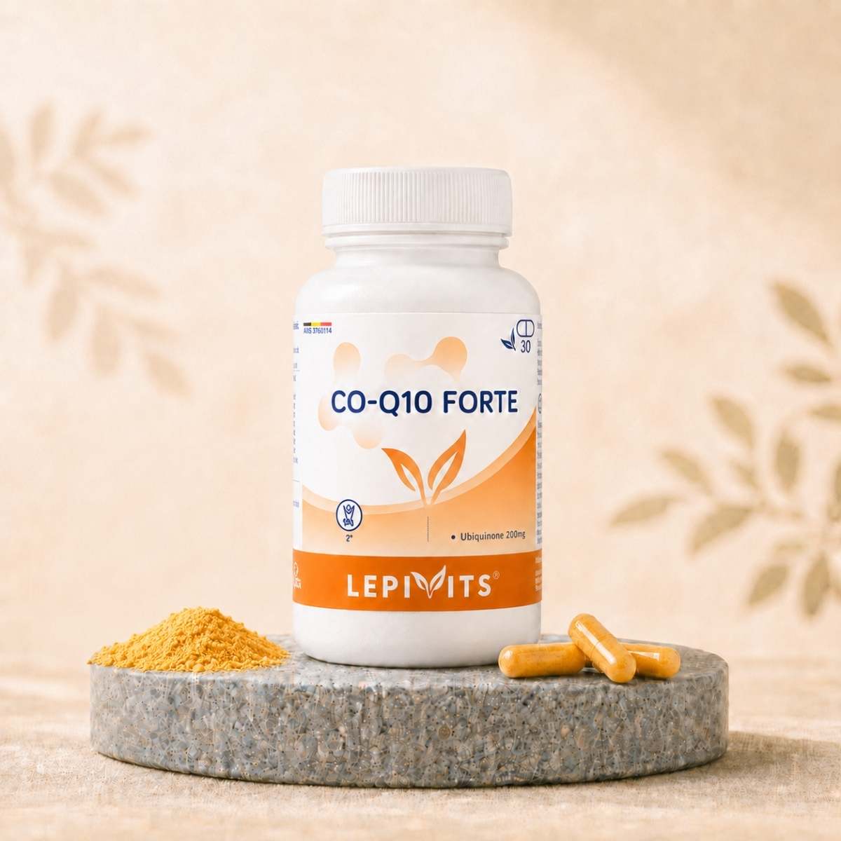 Flacon de CO-Q10 Forte Lepivits, complément de coenzyme avec gélules végétales pullulan.