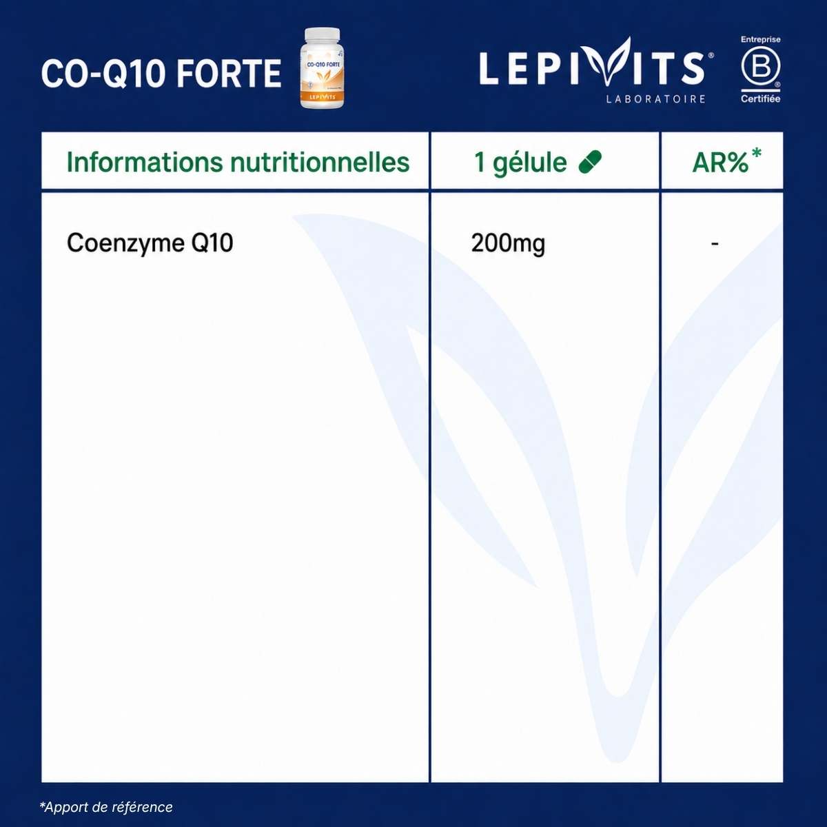 Tableau des informations nutritionnelles CO-Q10 Forte Lepivits : 200 mg de coenzyme Q10