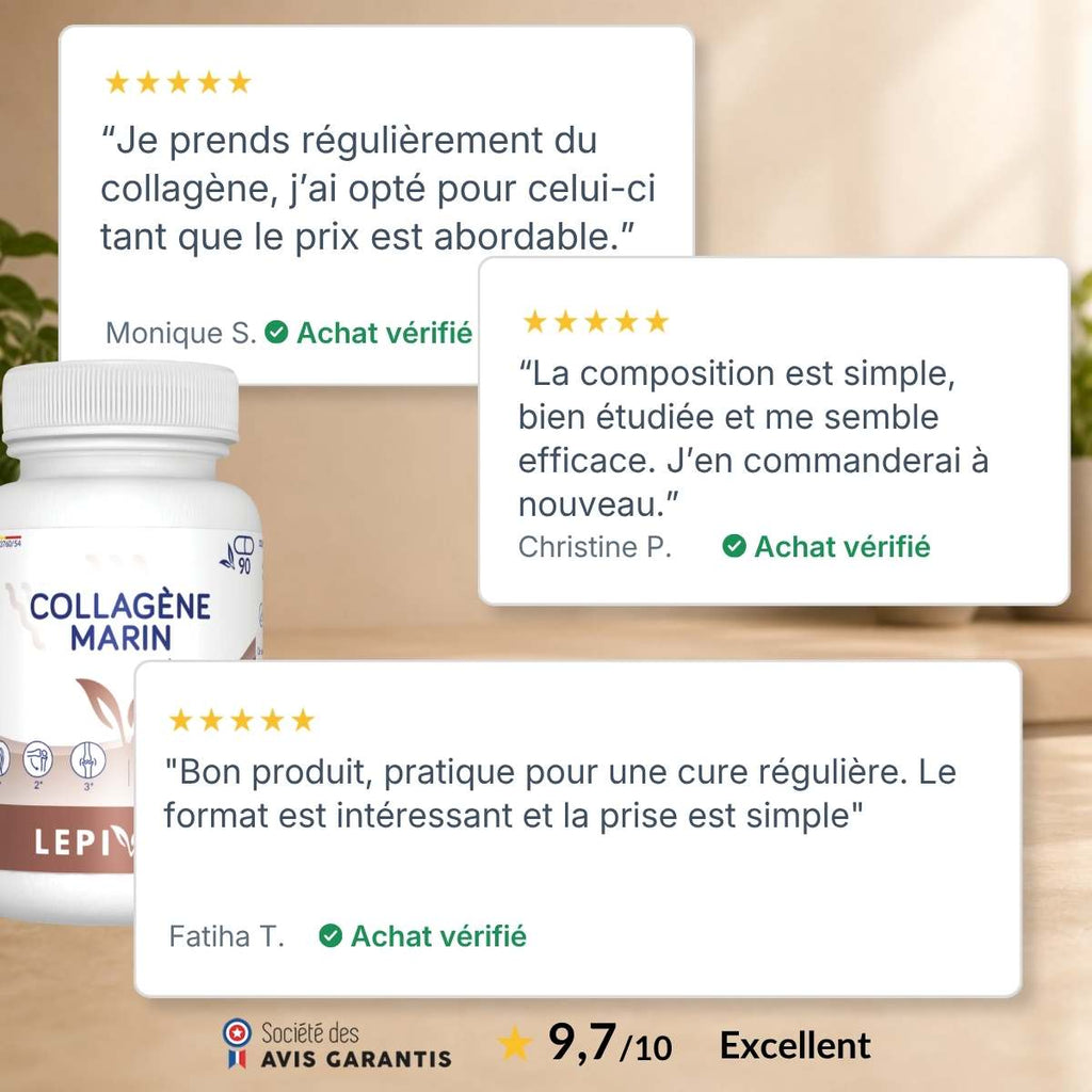 Flacon Collagène Marin Lepivits entouré d'avis clients vérifiés 5 étoiles, note globale 9,7/10 sur la qualité du collagène.