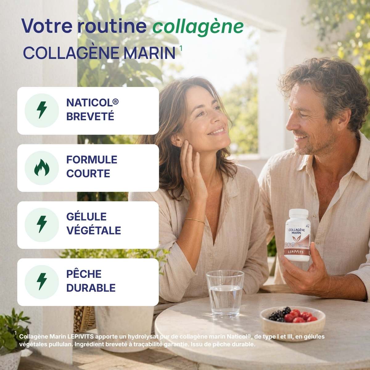 Collagène Marin Lepivits :  collagène marin (naticol breveté, formule courte, gélule végétale, pêche durable).