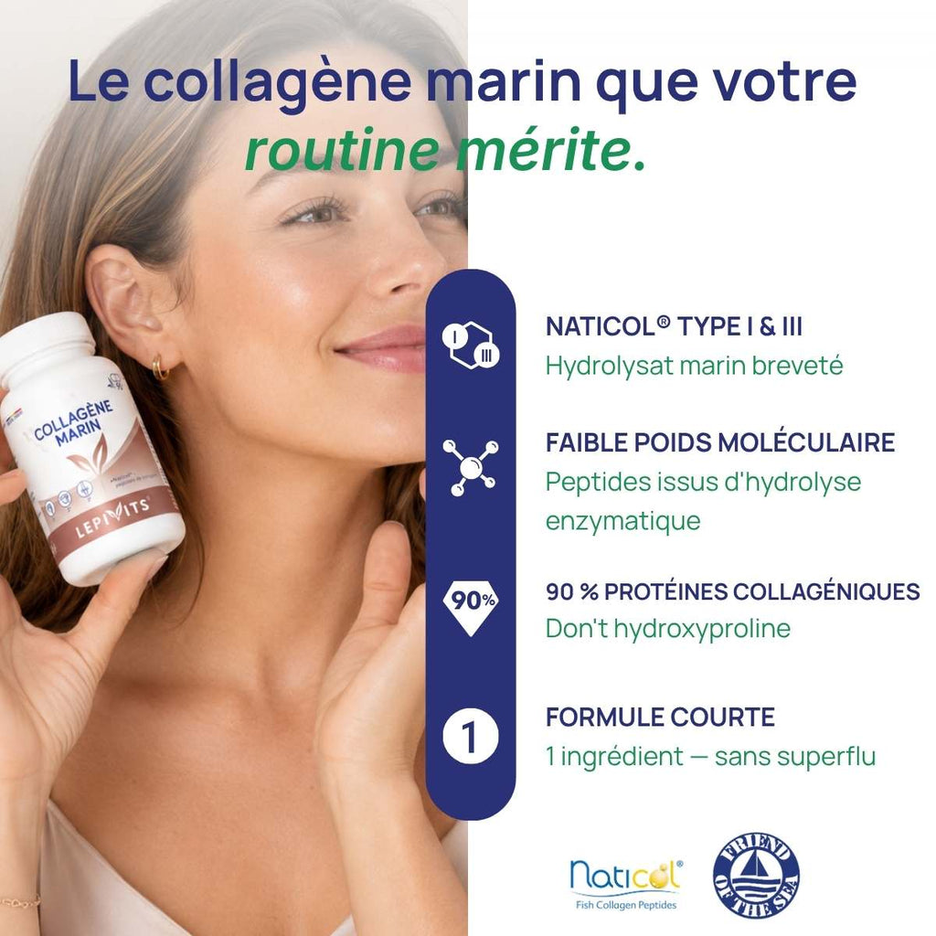 Femme tenant le flacon Collagène Marin Lepivits contre son visage, illustrant une belle peau