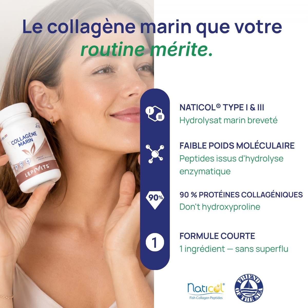 Femme tenant le flacon Collagène Marin Lepivits contre son visage, illustrant une belle peau