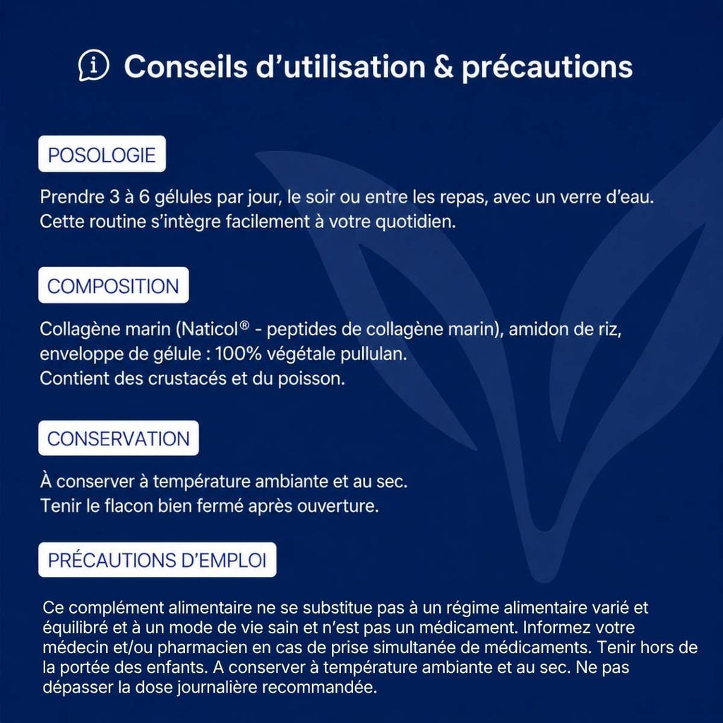 Conseils d'utilisation et précautions Collagène Marin Lepivits : posologie, précaution, conservation et mises en garde.