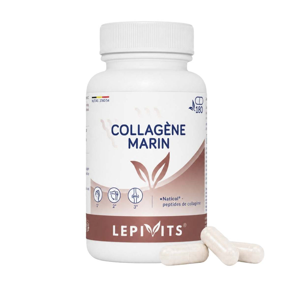 Vue de face du flacon Collagène Marin Lepivits 180 gélules sur fond blanc, avec trois capsules de magnésium posées devant.