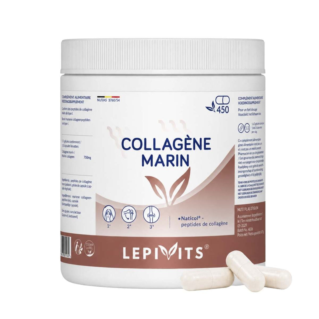 Vue de face du flacon Collagène Marin Lepivits 450 gélules sur fond blanc, avec trois capsules de magnésium posées devant.