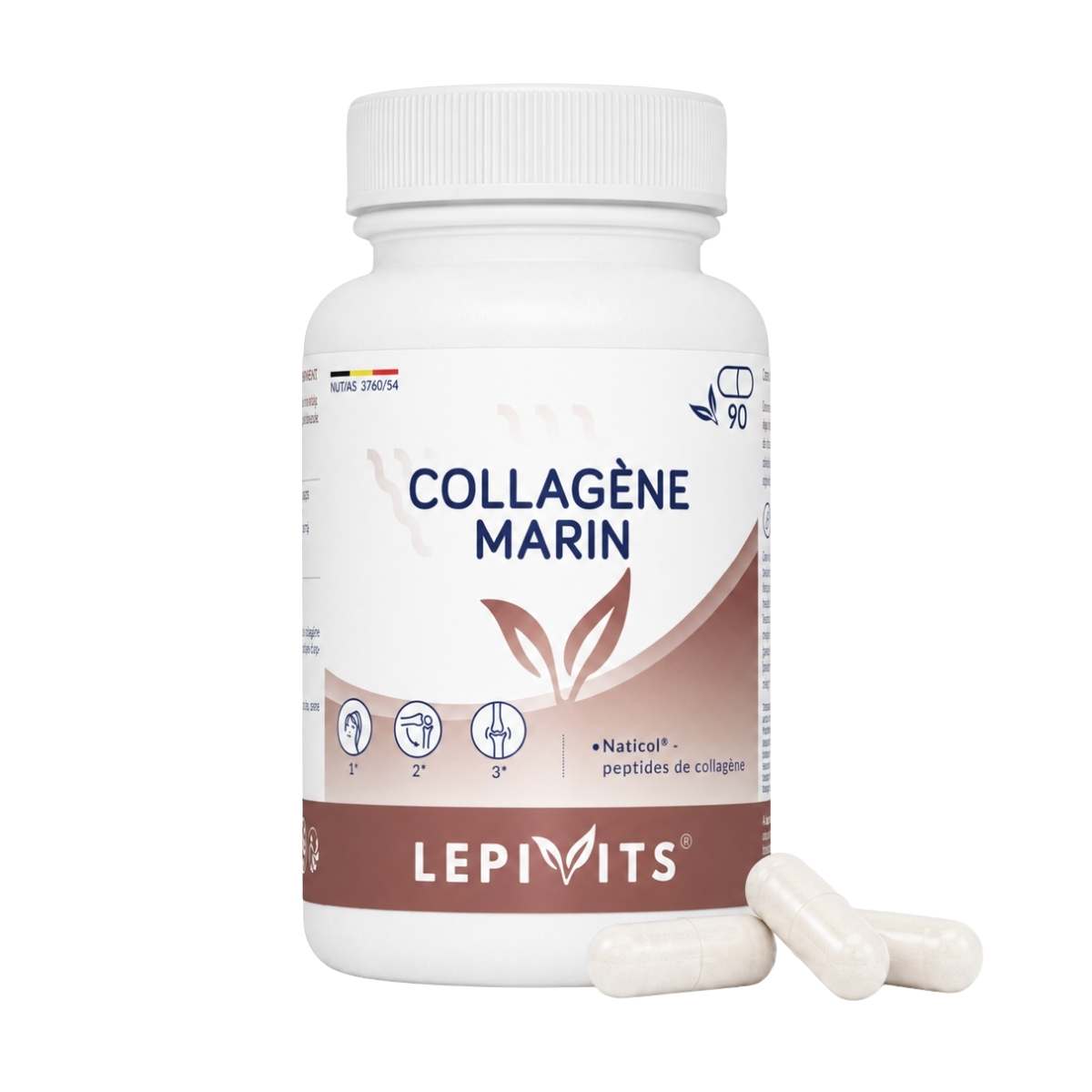 Vue de face du flacon Collagène Marin Lepivits 90 gélules sur fond blanc, avec trois capsules de magnésium posées devant.