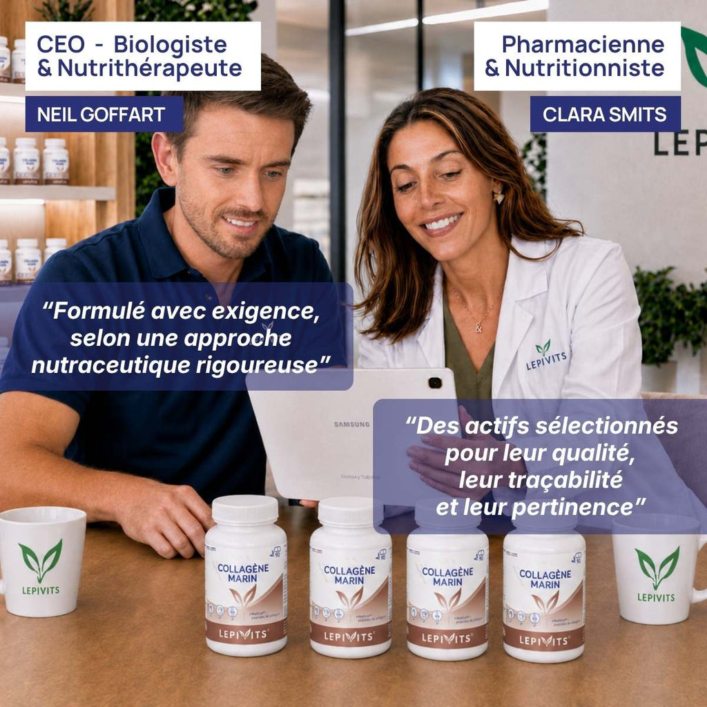 Biologiste et pharmacienne nutritionniste examinent plusieurs flacons de Collagène Marin Lepivits, formule validée en laboratoire.