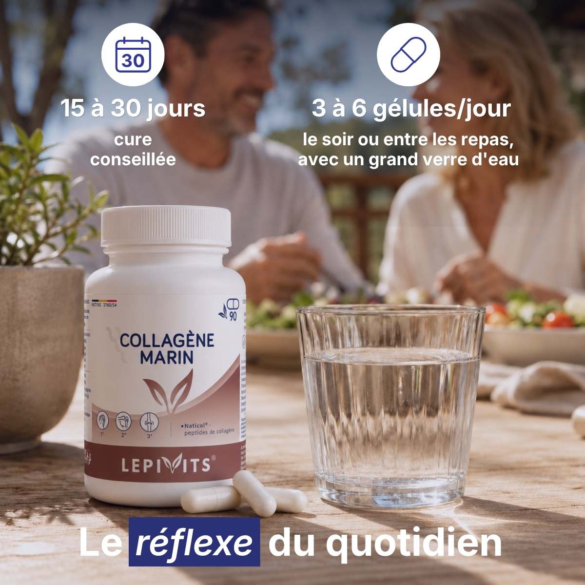 Flacon Collagène Marin Lepivits sur table avec verre d'eau, posologie 3 à 6 gélules par jour pour une cure de 15 à 30 jours. 