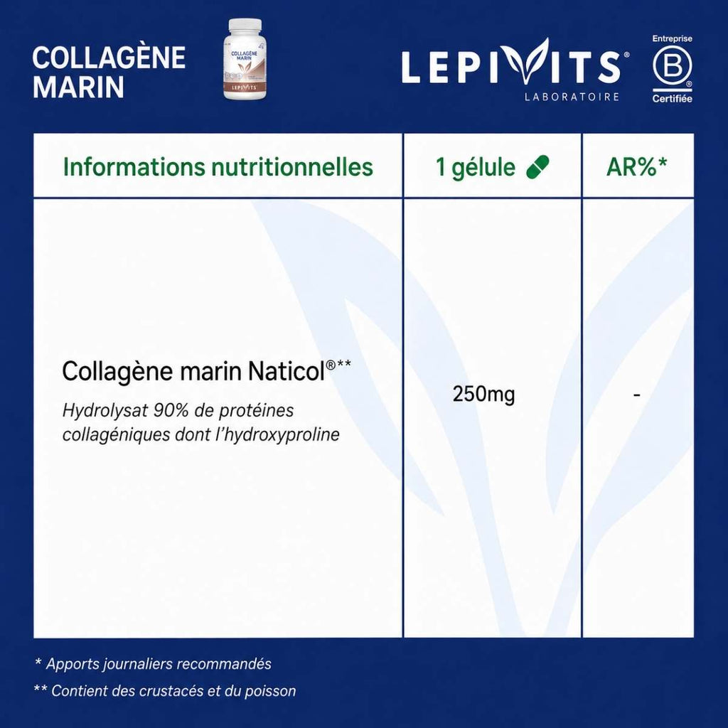 Tableau des informations nutritionnelles Collagène Marin Lepivits : 250mg de collagène marin Naticol®