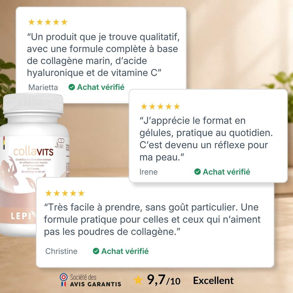 Flacon Collavits Lepivits entouré d'avis clients vérifiés 5 étoiles, note globale 9,7/10 sur la qualité du Collagène marin hydrolysé .