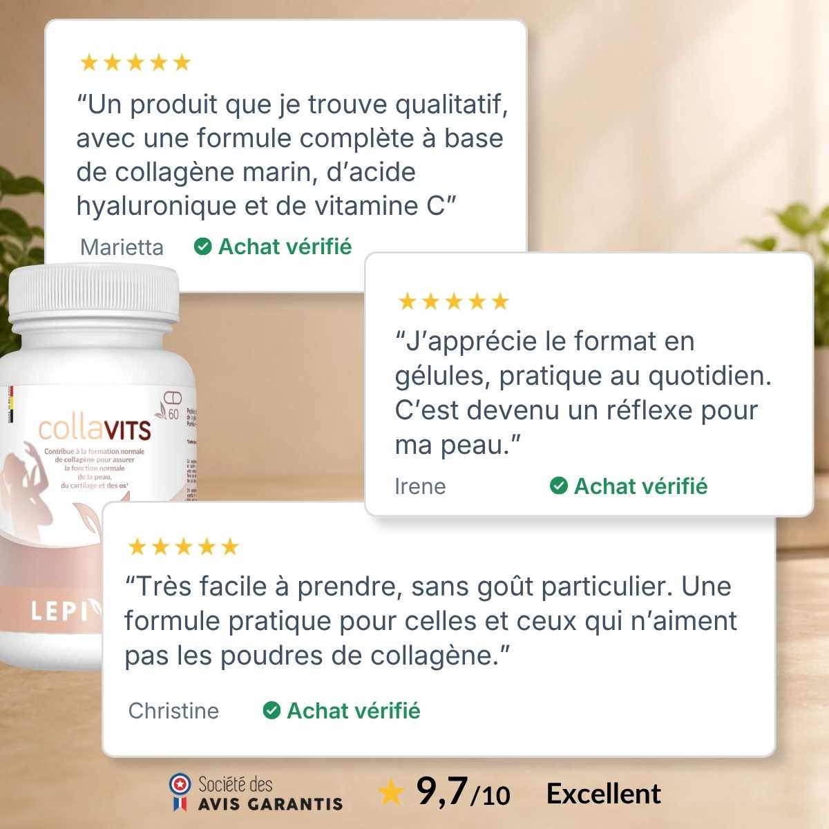 Flacon Collavits Lepivits entouré d'avis clients vérifiés 5 étoiles, note globale 9,7/10 sur la qualité du Collagène marin hydrolysé .