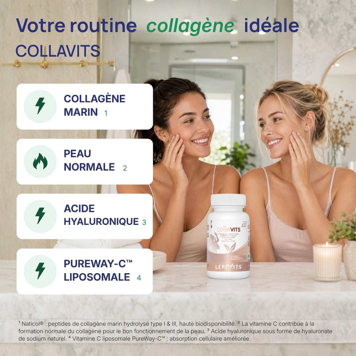 Collavits Lepivits : 4 bienfaits du collavits (collagène marin, peau normale, acide hyaluronique, pureway-c).