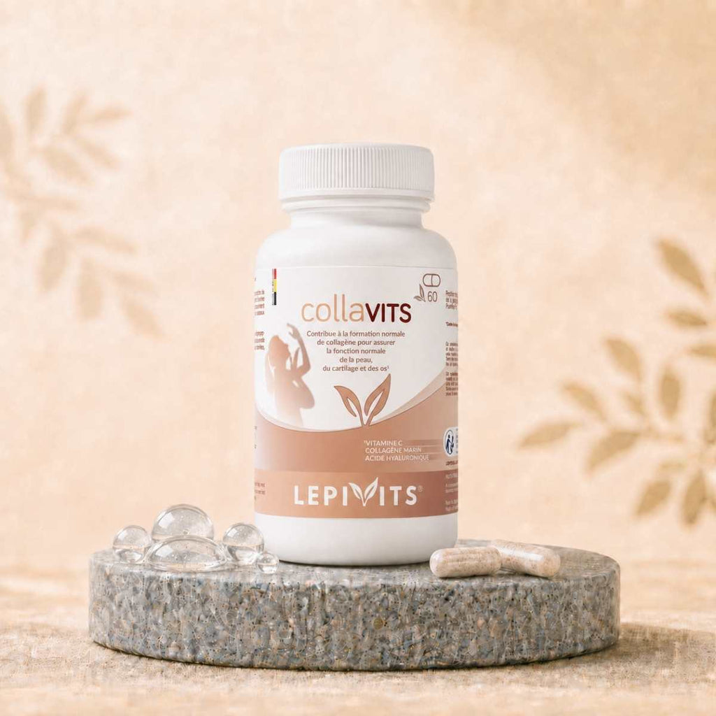 Flacon de Collavits Lepivits, complément de Collagène marin hydrolysé et acide hyaluronique avec gélules végétales pullulan.