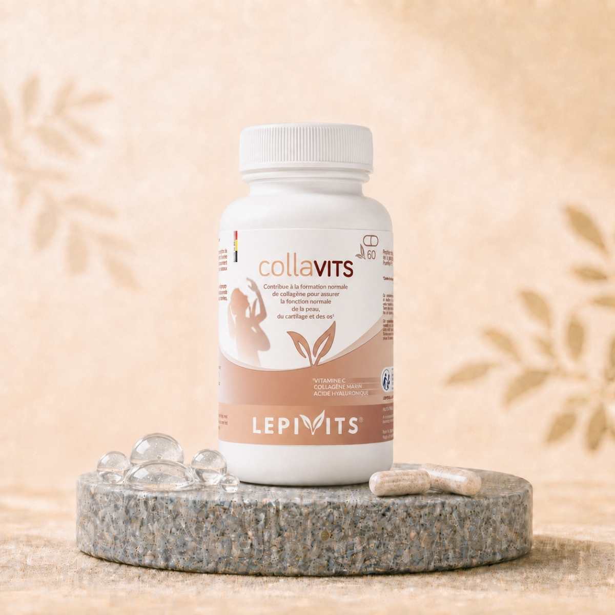Flacon de Collavits Lepivits, complément de Collagène marin hydrolysé et acide hyaluronique avec gélules végétales pullulan.