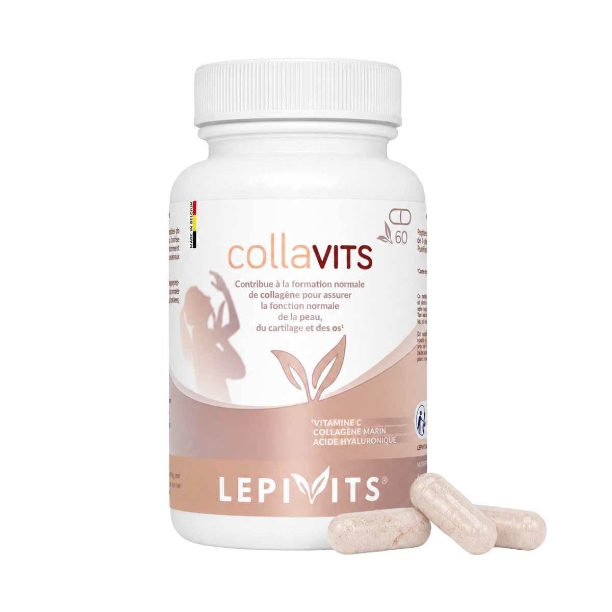 Vue de face du flacon Collavits Lepivits 60 gélules sur fond blanc, avec trois capsules posées devant.