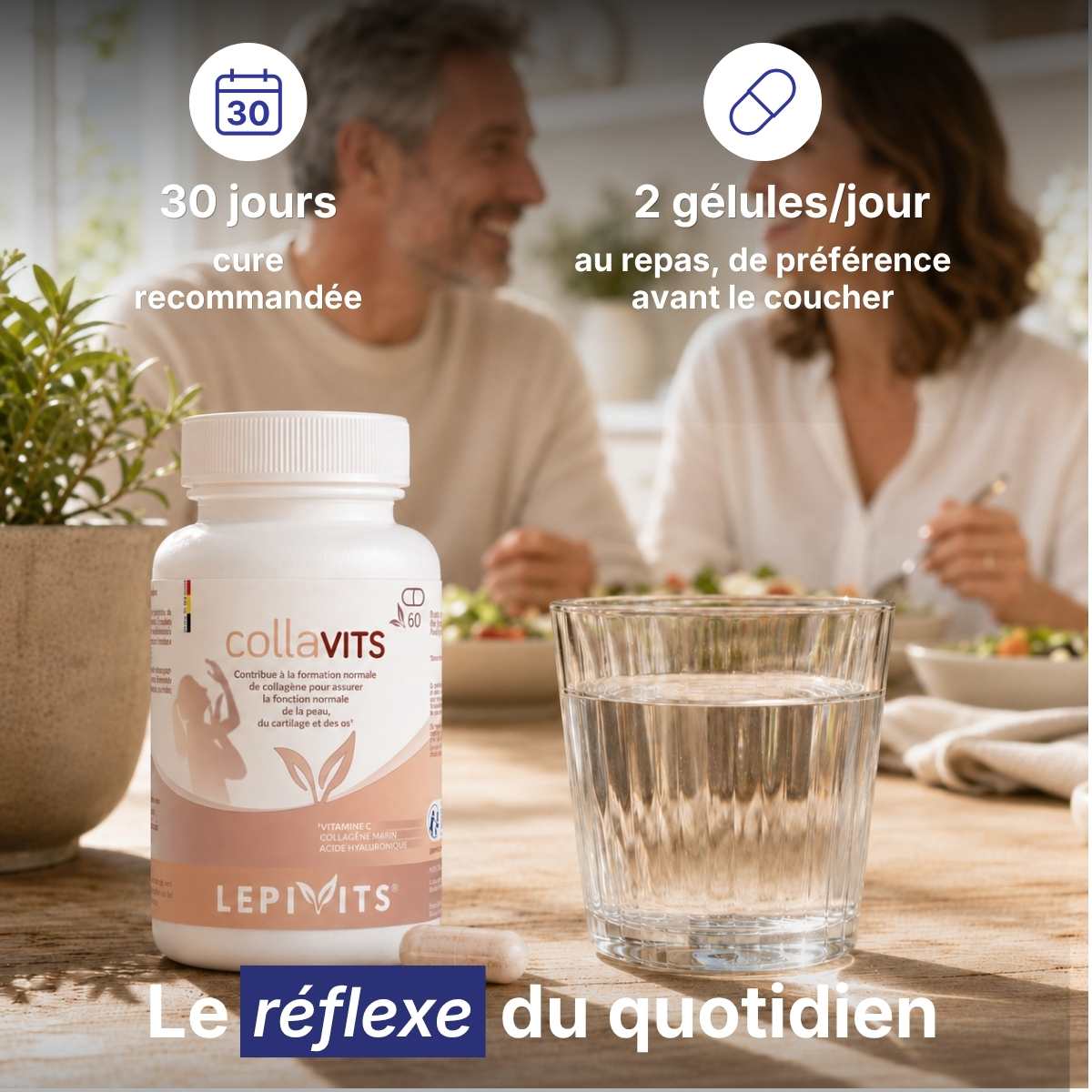 Flacon Collavits Lepivits sur table avec verre d'eau, posologie 2 gélules par jour pour une cure de 30 jours. 