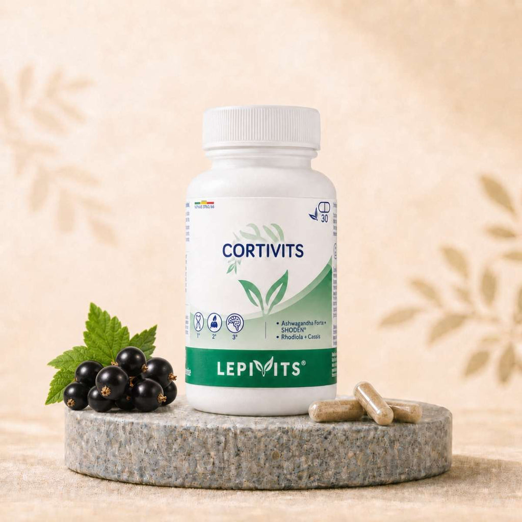 Flacon de Cortivits Lepivits, Ashwagandha breveté & Rhodiola, avec gélules végétales pullulan.