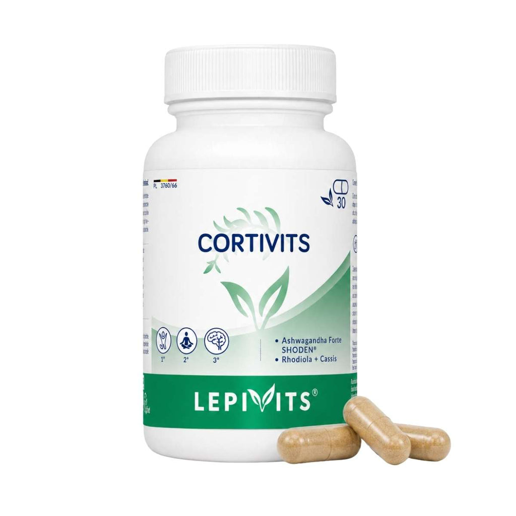 Vue de face du flacon Cortivits Lepivits 30 gélules sur fond blanc, avec trois capsules posées devant.