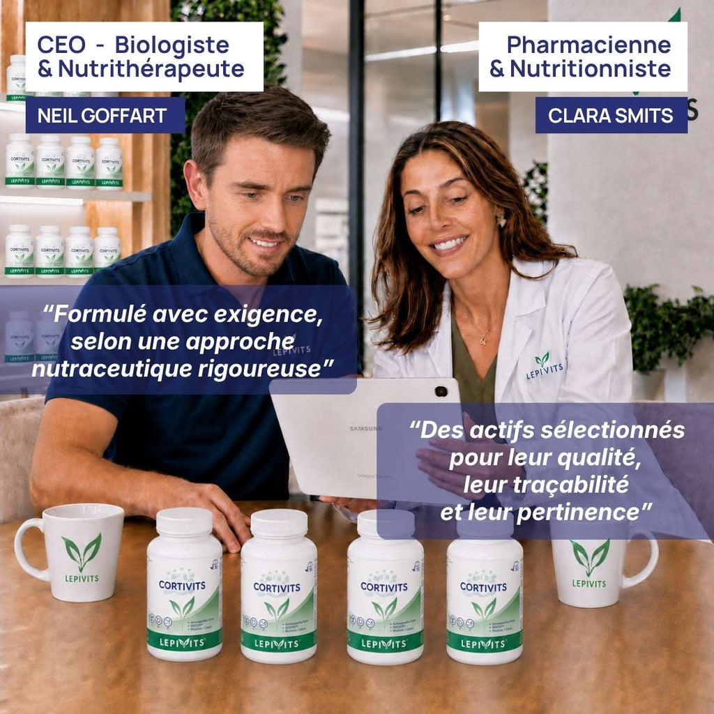 Biologiste et pharmacienne nutritionniste examinent plusieurs flacons de Cortivits Lepivits, formule validée en laboratoire.