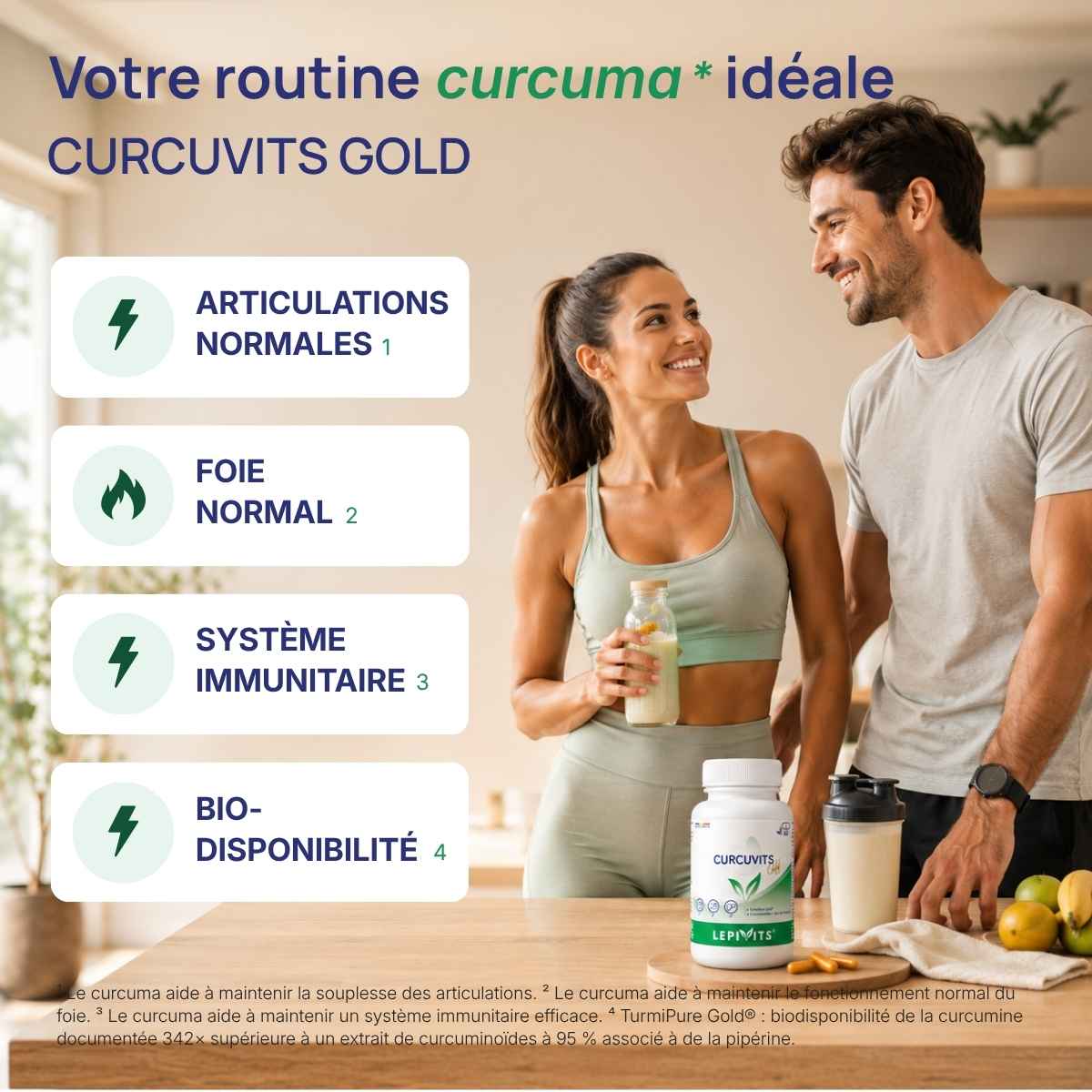 Curcuvits Gold Lepivits : 4 bienfaits du curcuma (articulations normales, foie normal, système immunitaire, bio-disponibilité.